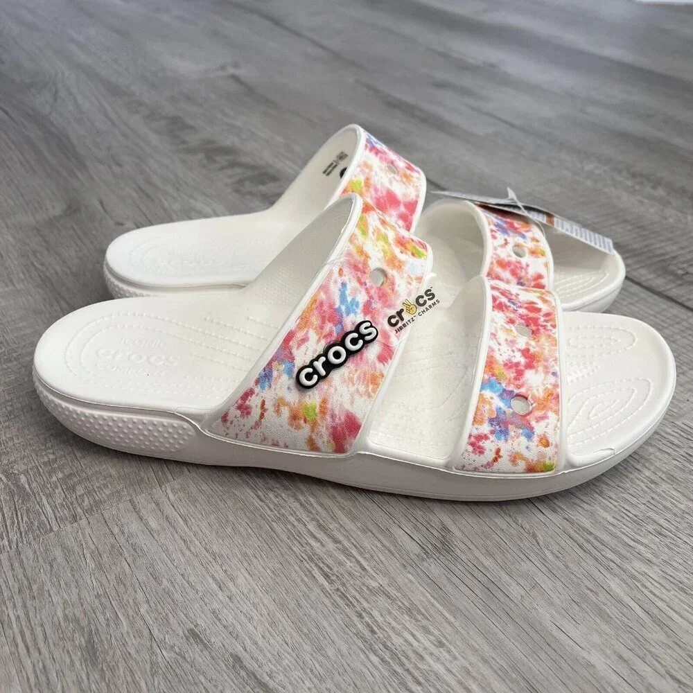 Crocs NWT Mulitcolor Slide Sandals Unisex Men's 13 Watercolor White Relaxed Fit‎